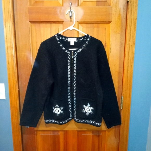 Eminent by Lisa 100% boiled wool black white snowflake zip up sweater size L - Picture 1 of 4